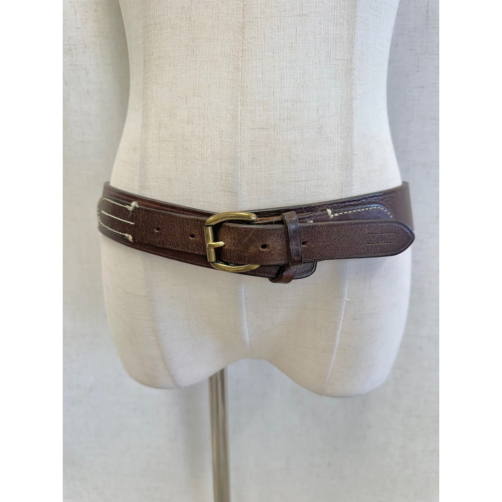 Lauren Ralph Lauren Brown Genuine Leather Whipstitch Belt Womens Medium Brass